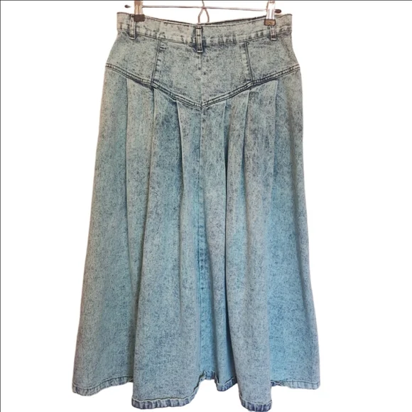VINTAGE 80s SUNDANCE DENIM JEAN MIDI SKIRT ACID WASH BLUE FULL A LINE POCKETS - Picture 2 of 6